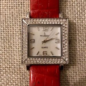 Vintage Peugeot pearl/diamond red croc band watch